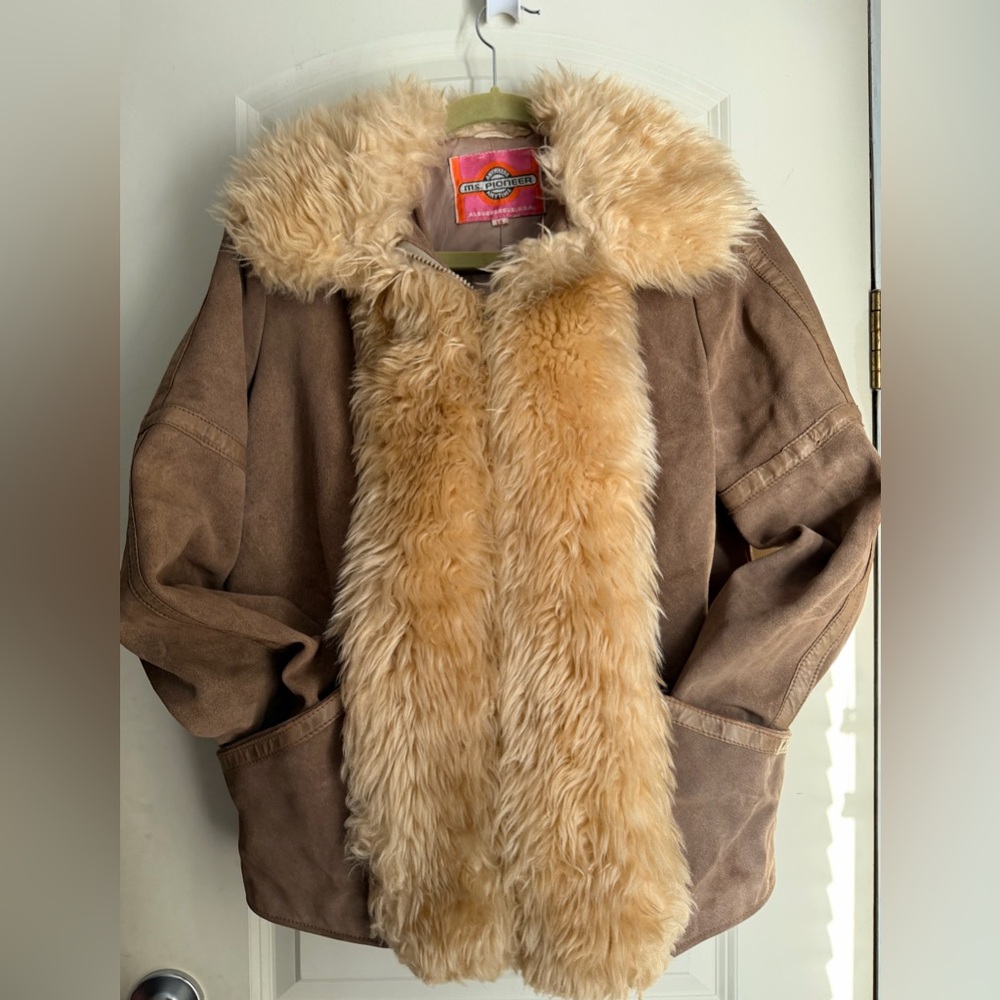 Vintage PIONEER Brown Jacket with Faux Fur Trim sz 14 mobwife boho western